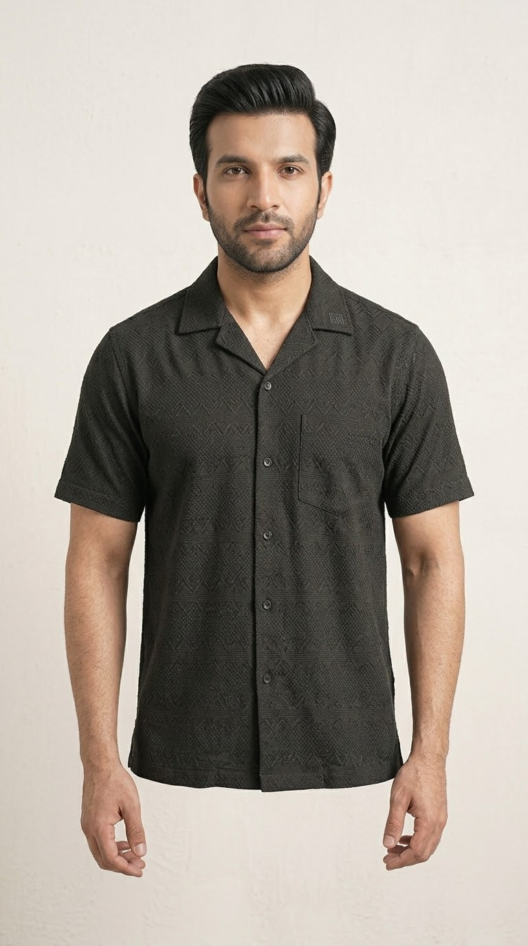 Men's Patterned Textured Short-Sleeve Cuban Collar Shirt