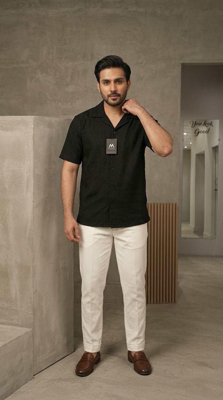 Men's Patterned Textured Short-Sleeve Cuban Collar Shirt