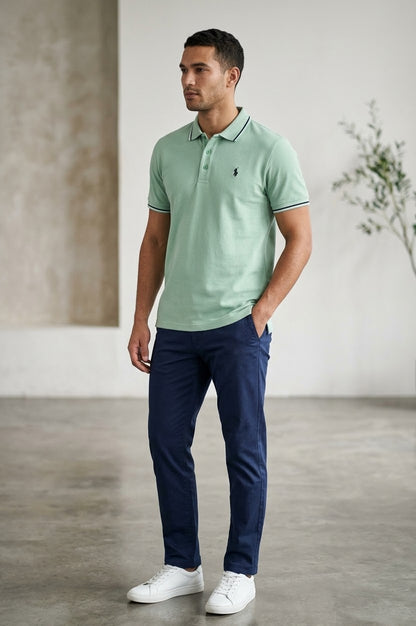 Light Green Polo T-Shirt with Contrast Trim & Logo