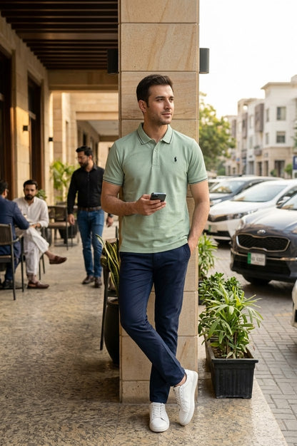 Light Green Polo T-Shirt with Contrast Trim & Logo