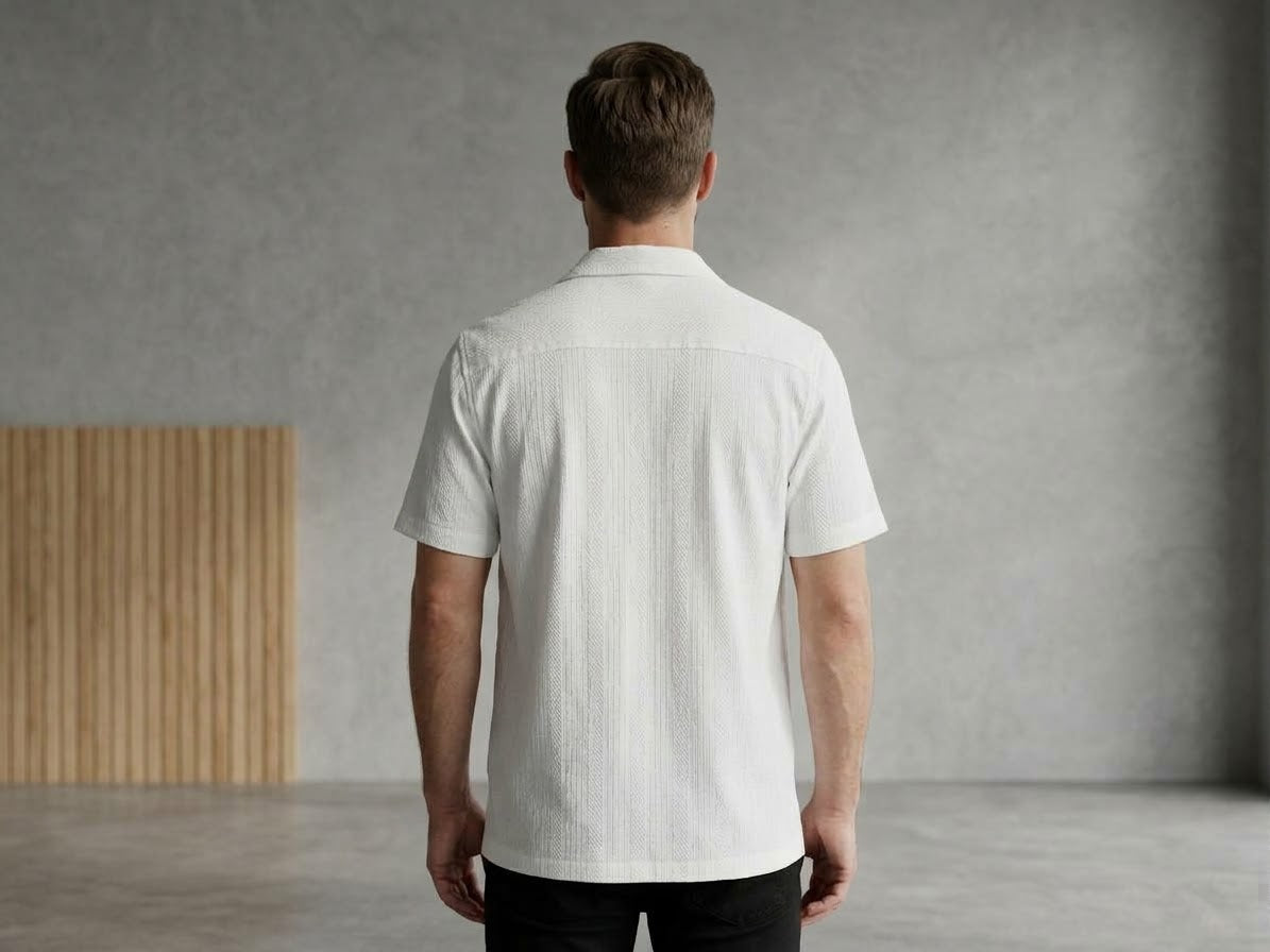Men's Textured White Short - Sleeve button up shirt