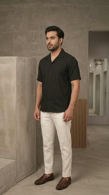 Men's Patterned Textured Short-Sleeve Cuban Collar Shirt