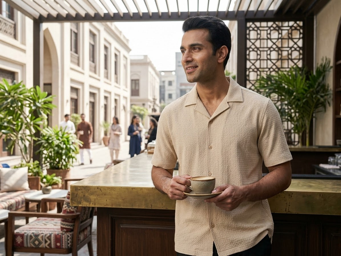 Men’s Textured Beige Short-Sleeve Button-Up Shirt