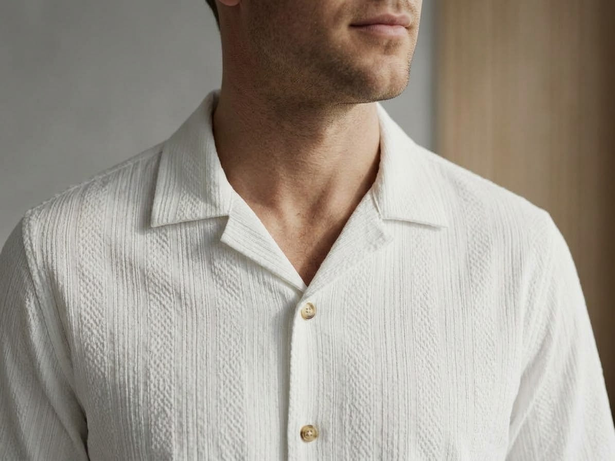 Men's Textured White Short - Sleeve button up shirt