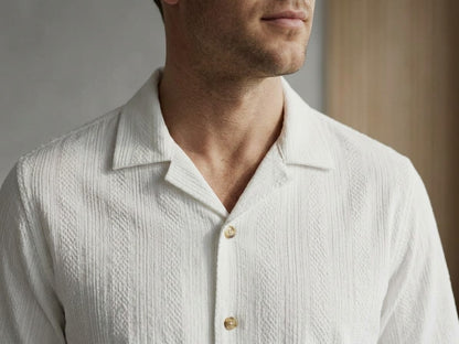 Men's Textured White Short - Sleeve button up shirt