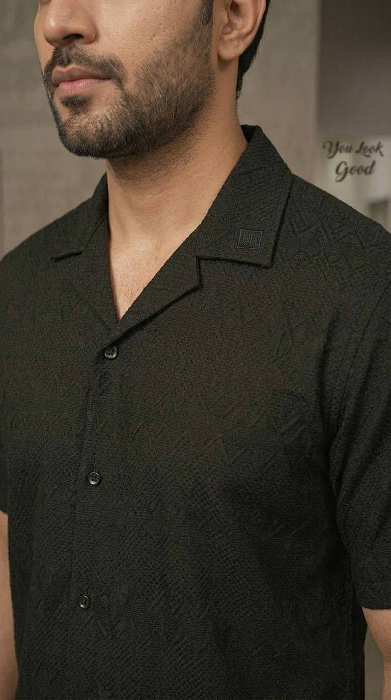Men's Patterned Textured Short-Sleeve Cuban Collar Shirt