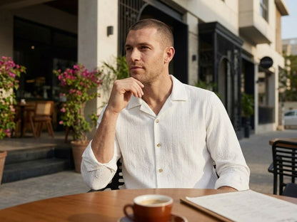 Men's Textured White Short - Sleeve button up shirt