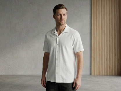 Men's Textured White Short - Sleeve button up shirt