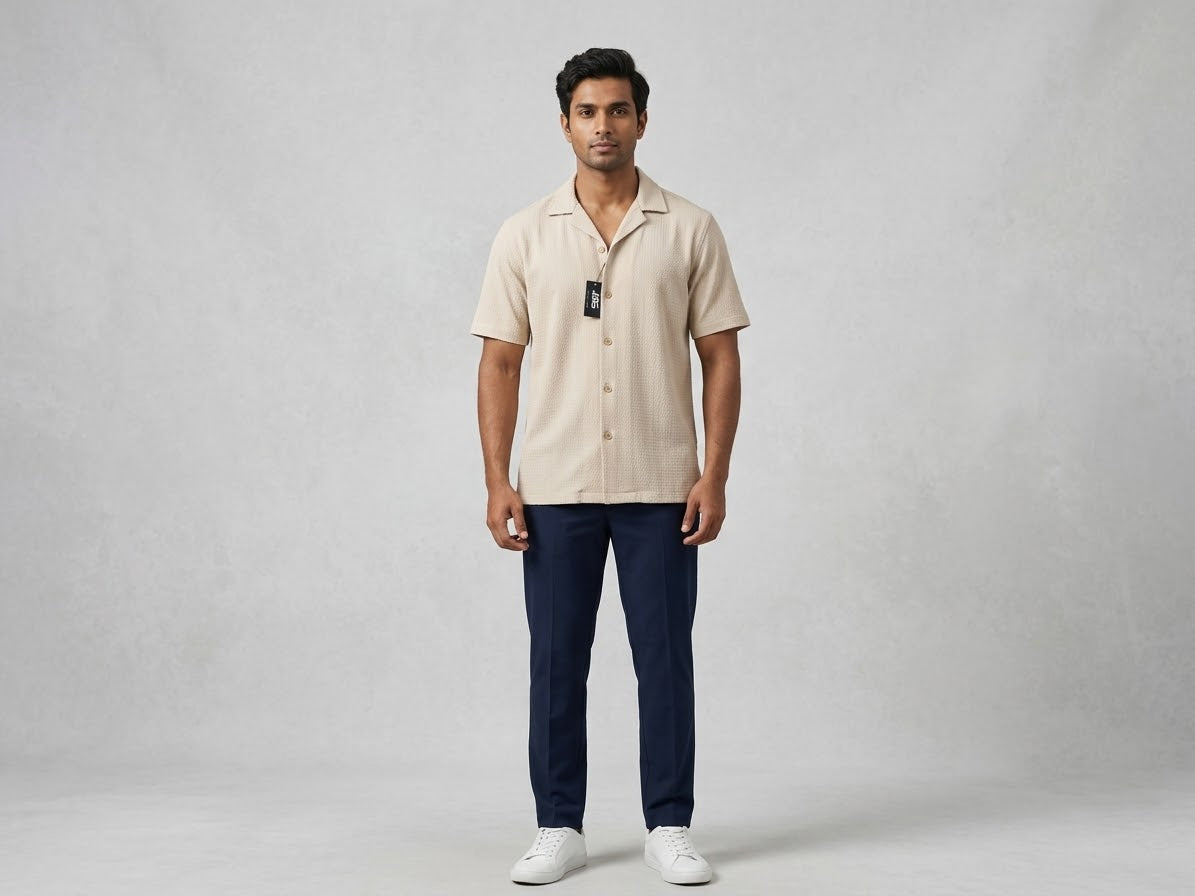 Men’s Textured Beige Short-Sleeve Button-Up Shirt