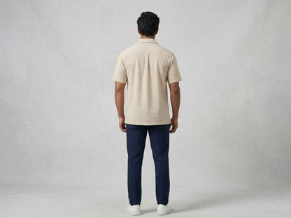Men’s Textured Beige Short-Sleeve Button-Up Shirt