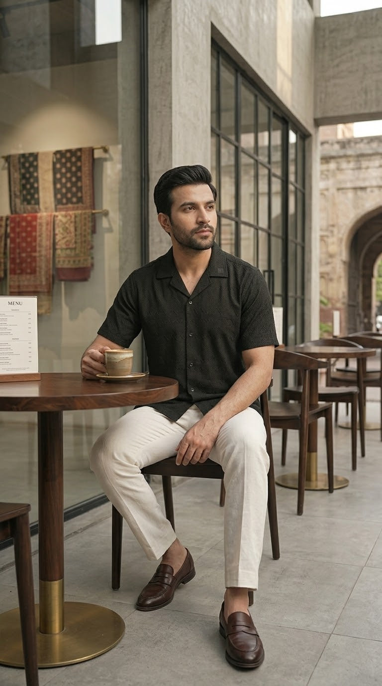 Men's Patterned Textured Short-Sleeve Cuban Collar Shirt