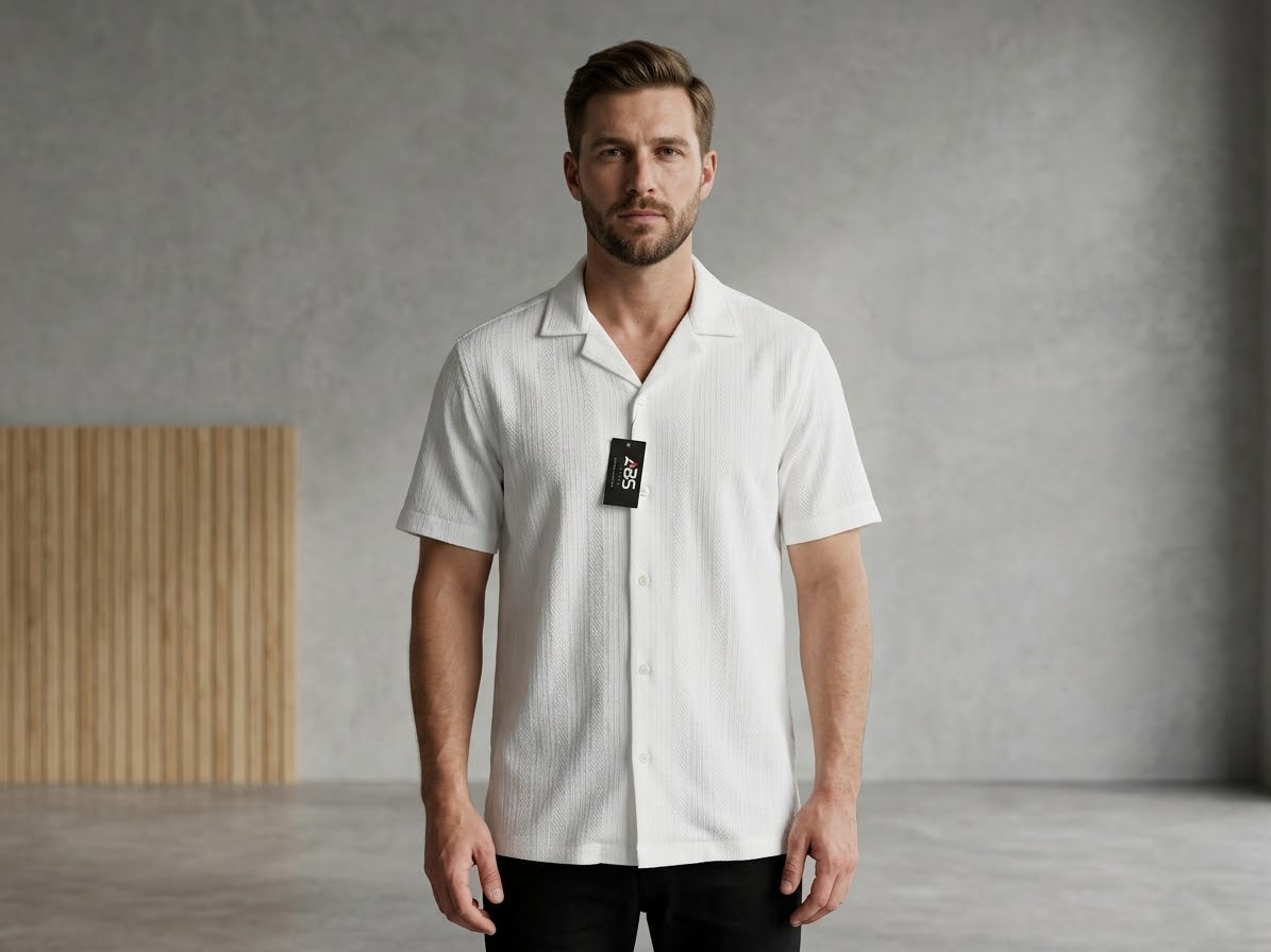 Men's Textured White Short - Sleeve button up shirt